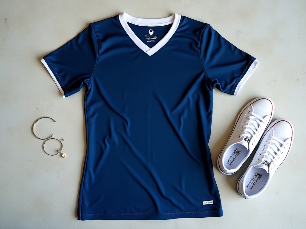 Maillot de foot femme bleu marine posé à plat avec sneakers blanches