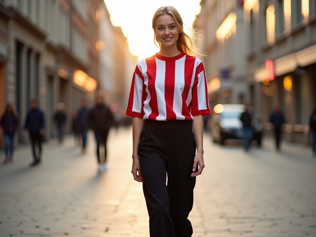 Femme portant un maillot de foot rayé rouge et blanc en style oversized avec pantalon noir