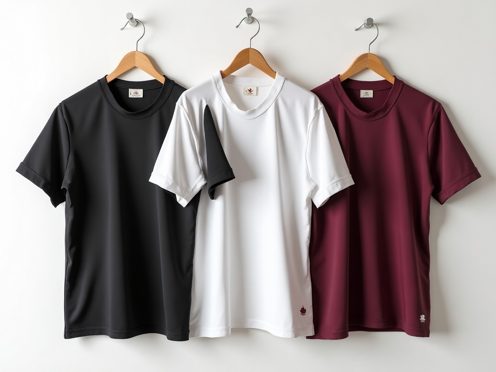 Collection de trois maillots de foot femme en noir, blanc et bordeaux sur des cintres en bois