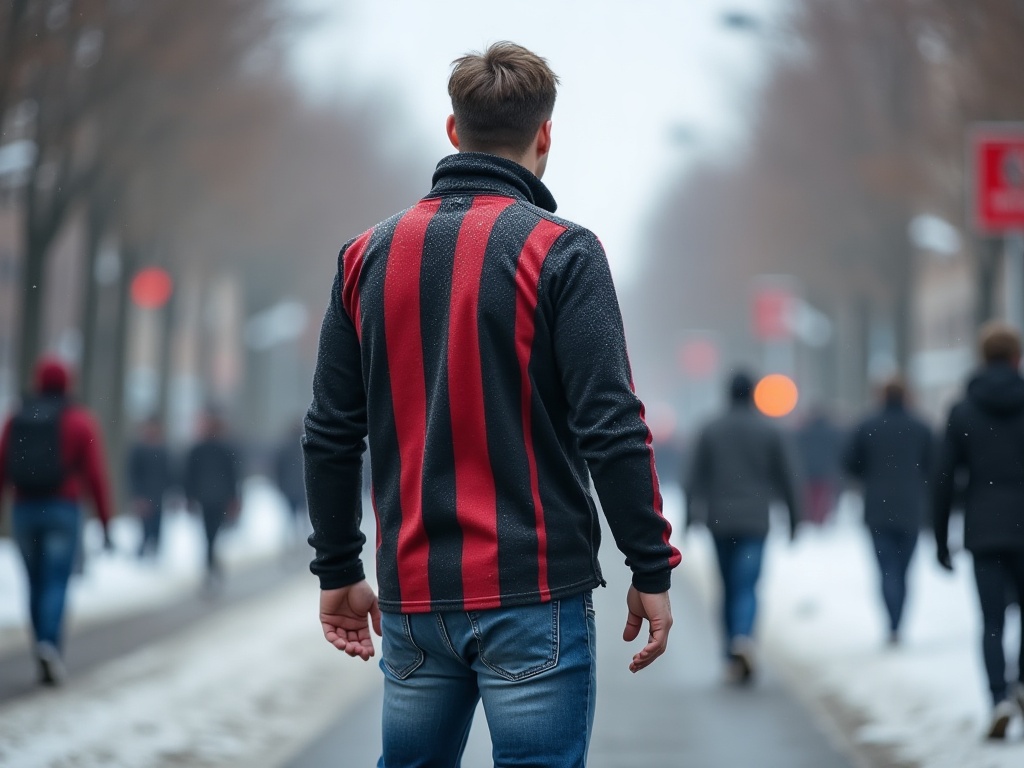 Supporter portant un maillot de foot slim fit avec sous-pull thermique manches longues en hiver en ville