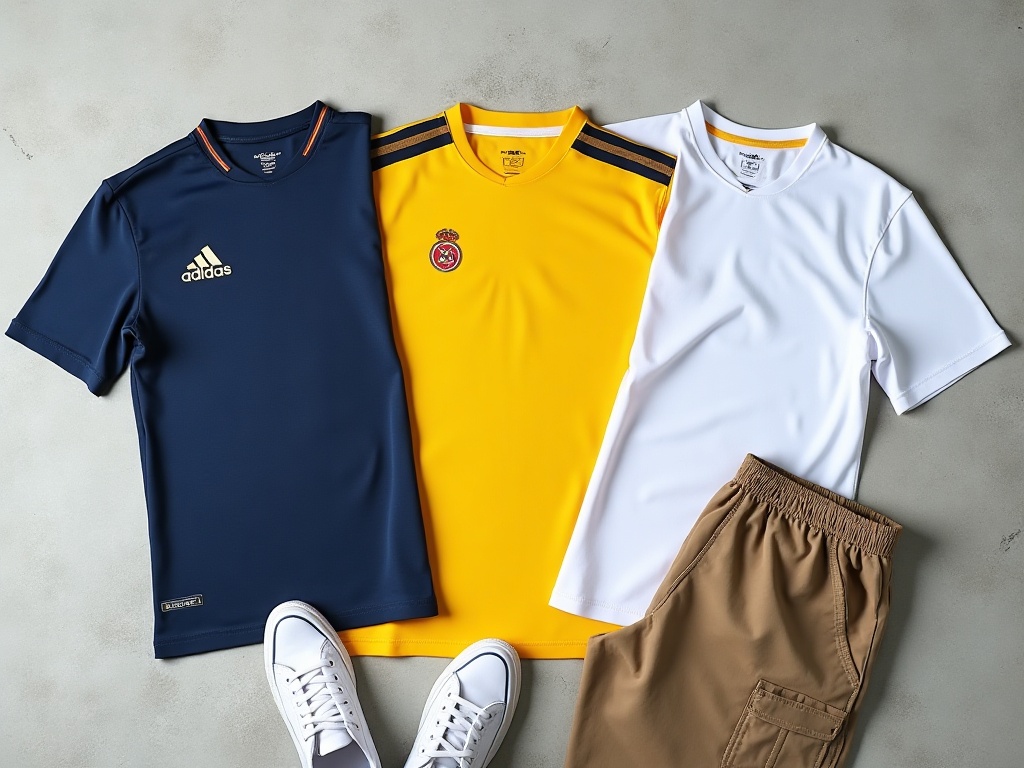 Trois maillots de foot homme disposés en flat lay avec sneakers et cargo