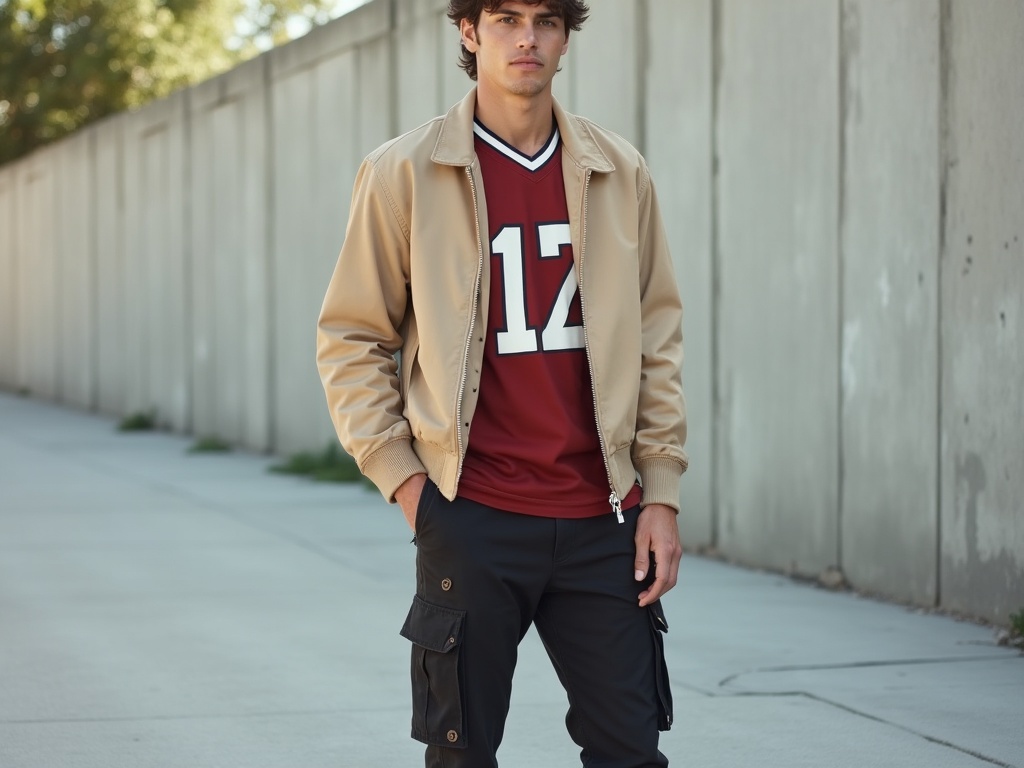 Homme portant un maillot de foot rétro sous un bomber beige en tenue streetwear