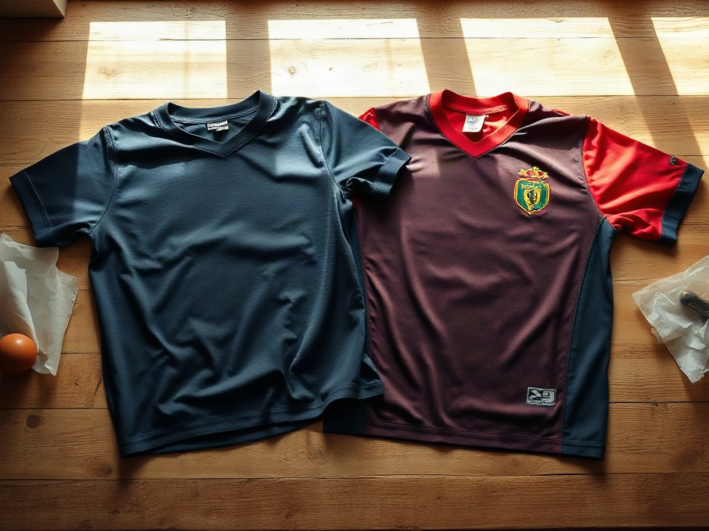 Comparaison de coupes de maillots rétro de foot des années 1980 et 1990 sur table en bois