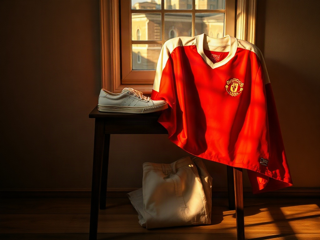 Maillot de foot rétro rouge avec broderie dorée associé à un pantalon beige et sneakers blanches