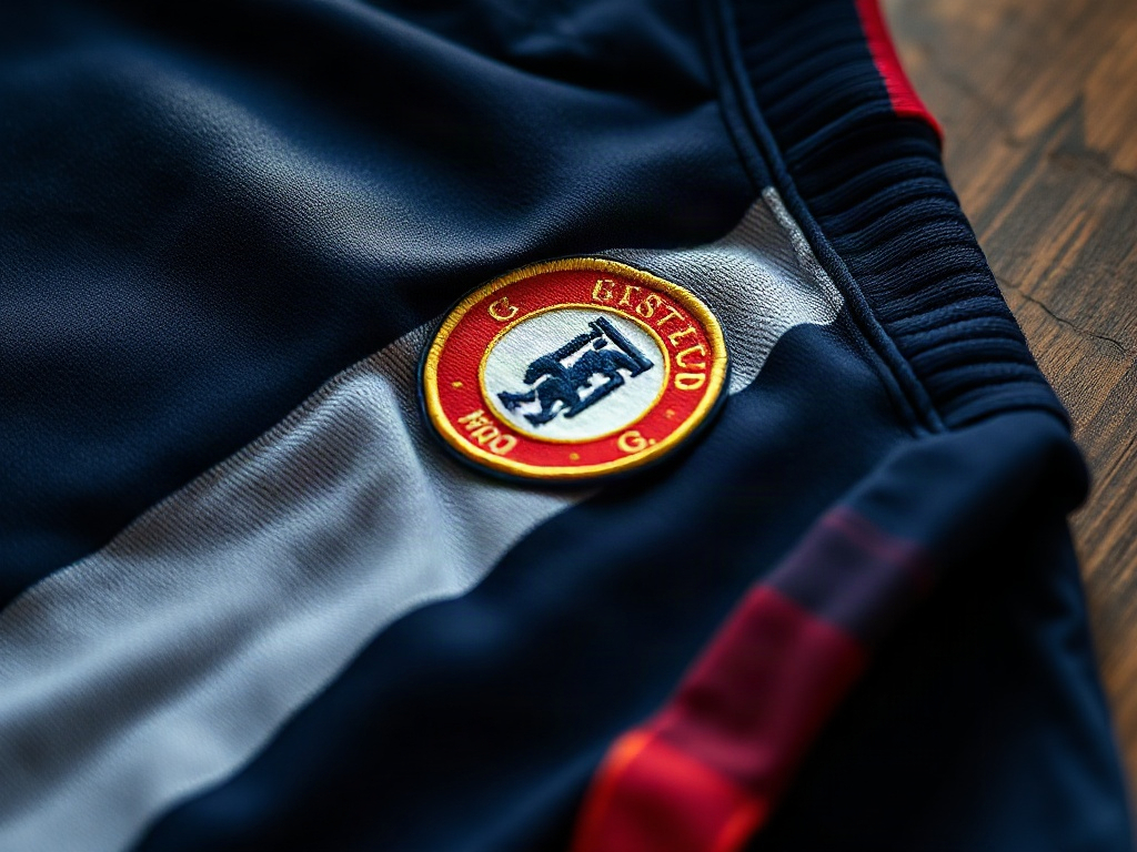 Détail de broderie d'un blason sur un maillot vintage de foot, texture polyester visible