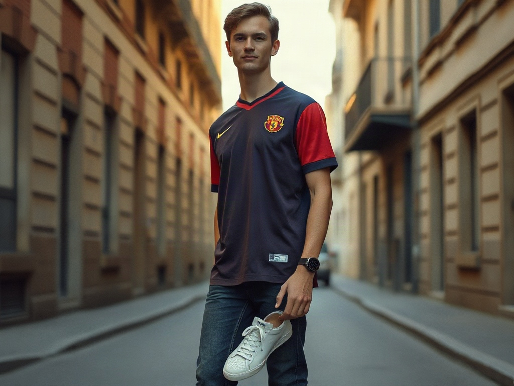 Supporter portant un maillot vintage de foot en jean slim et baskets blanches en ville