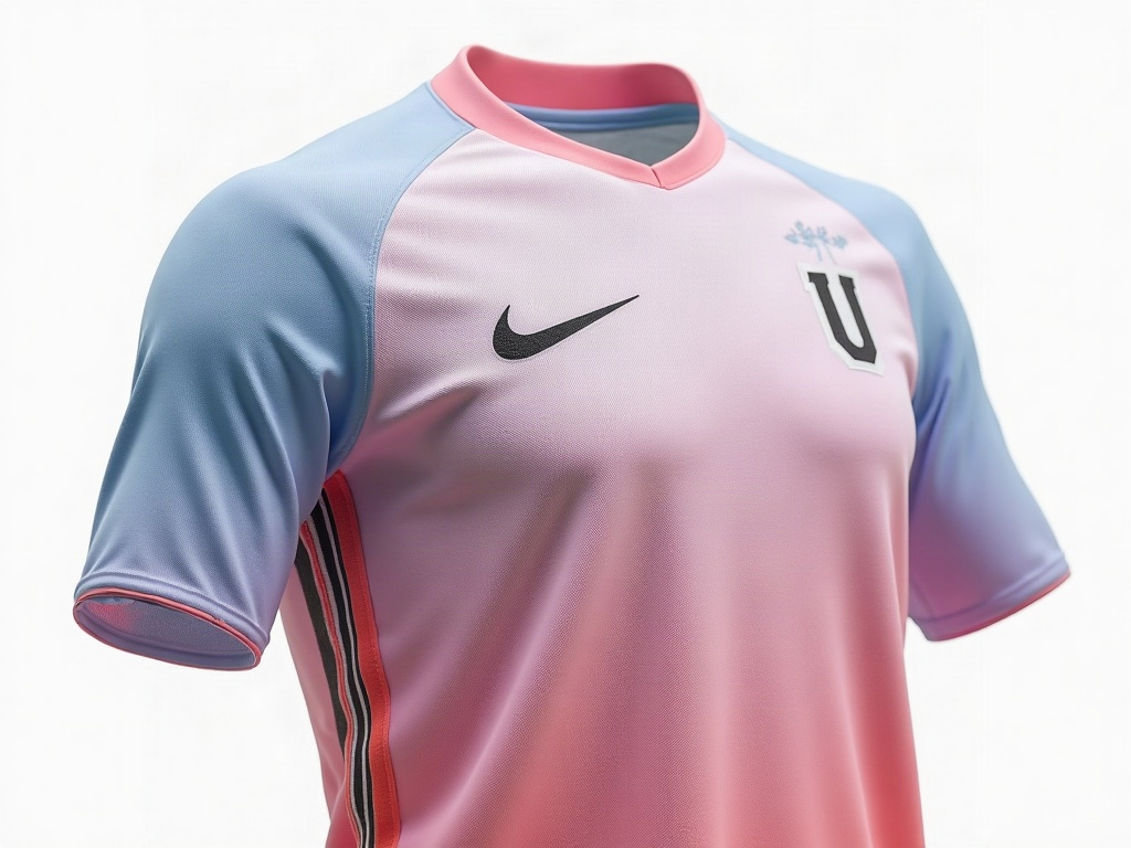 Détail d'un maillot de foot controversé saison 2026 avec dégradé pastel et logo sponsor envahissant