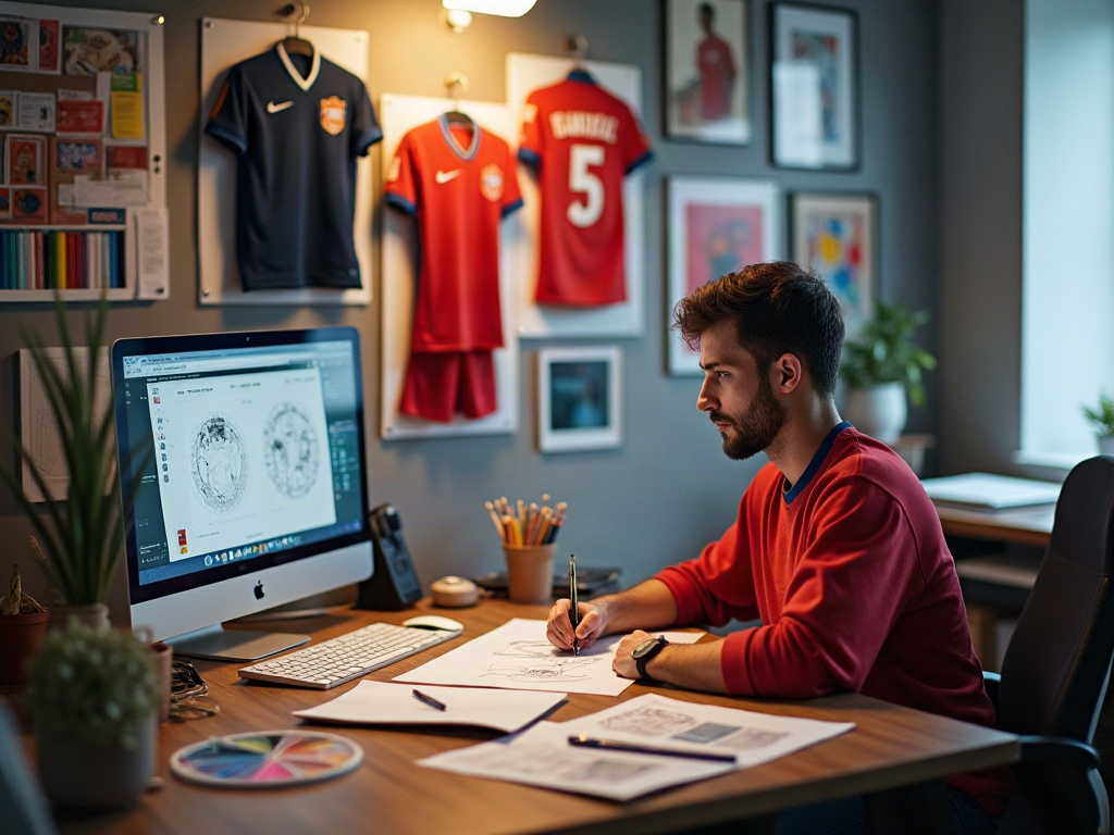 Designer travaillant sur un maillot concept de football avec des références historiques et des échantillons de couleurs