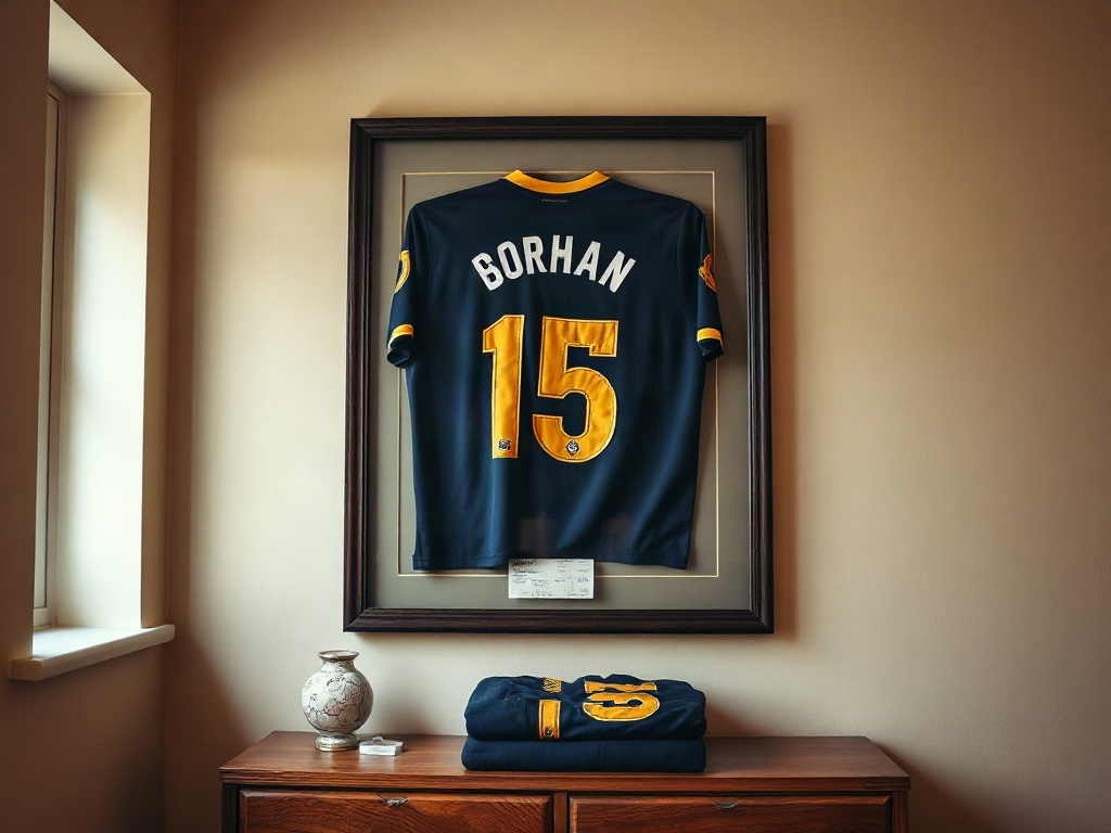 Maillot de foot avec flocage flock velouté encadré sur un mur de chambre de supporter