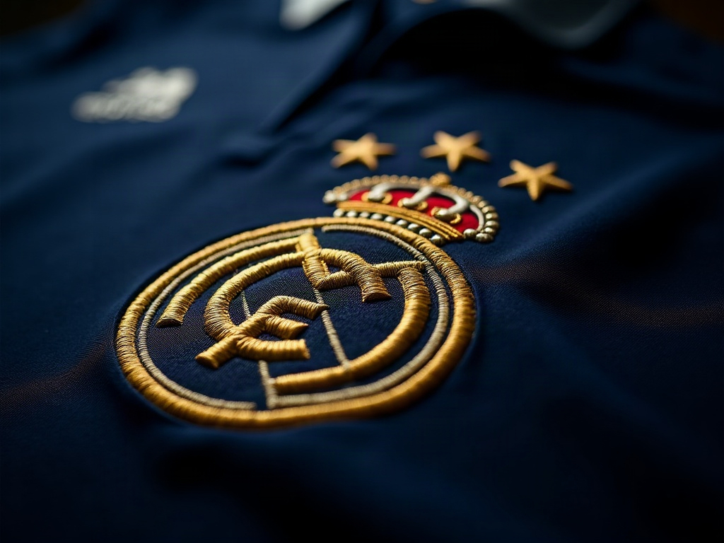Gros plan sur un écusson de club brodé sur un maillot de foot bleu marine, fils dorés et blancs