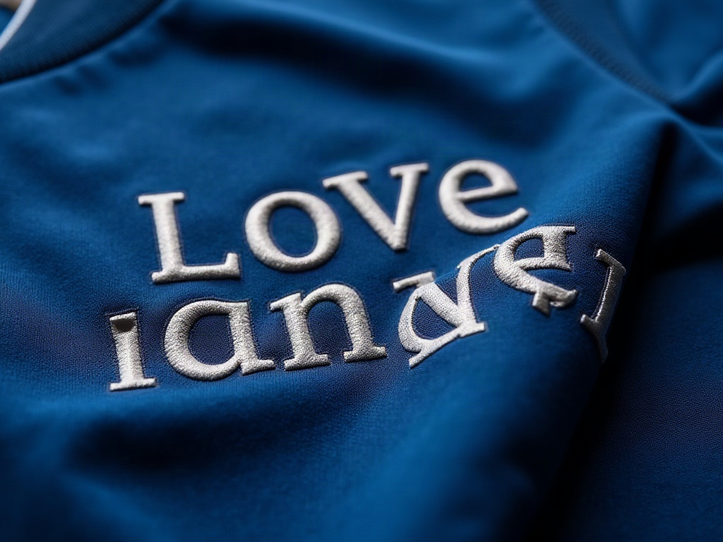 Gros plan sur un flocage flock velouté sur un maillot de foot bleu