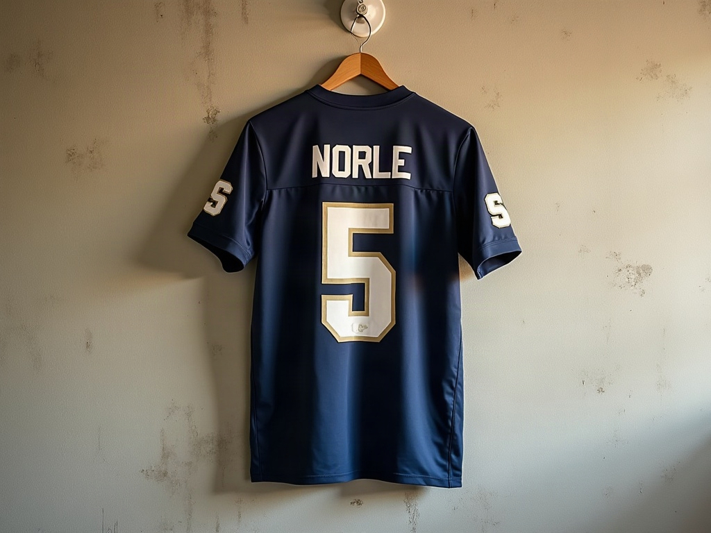 Maillot de foot avec flocage flock blanc suspendu sur un cintre en bois