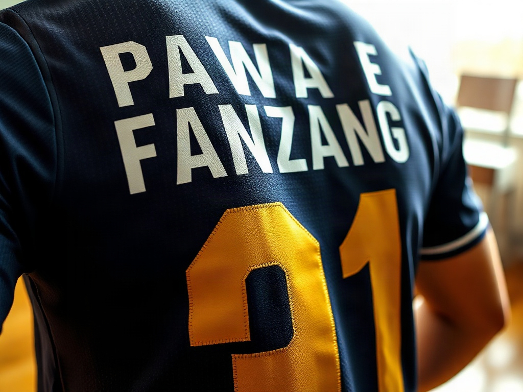 Gros plan sur le flocage thermocollant d'un maillot officiel de Ligue 1, lettres blanches et numéro doré sur fond marine