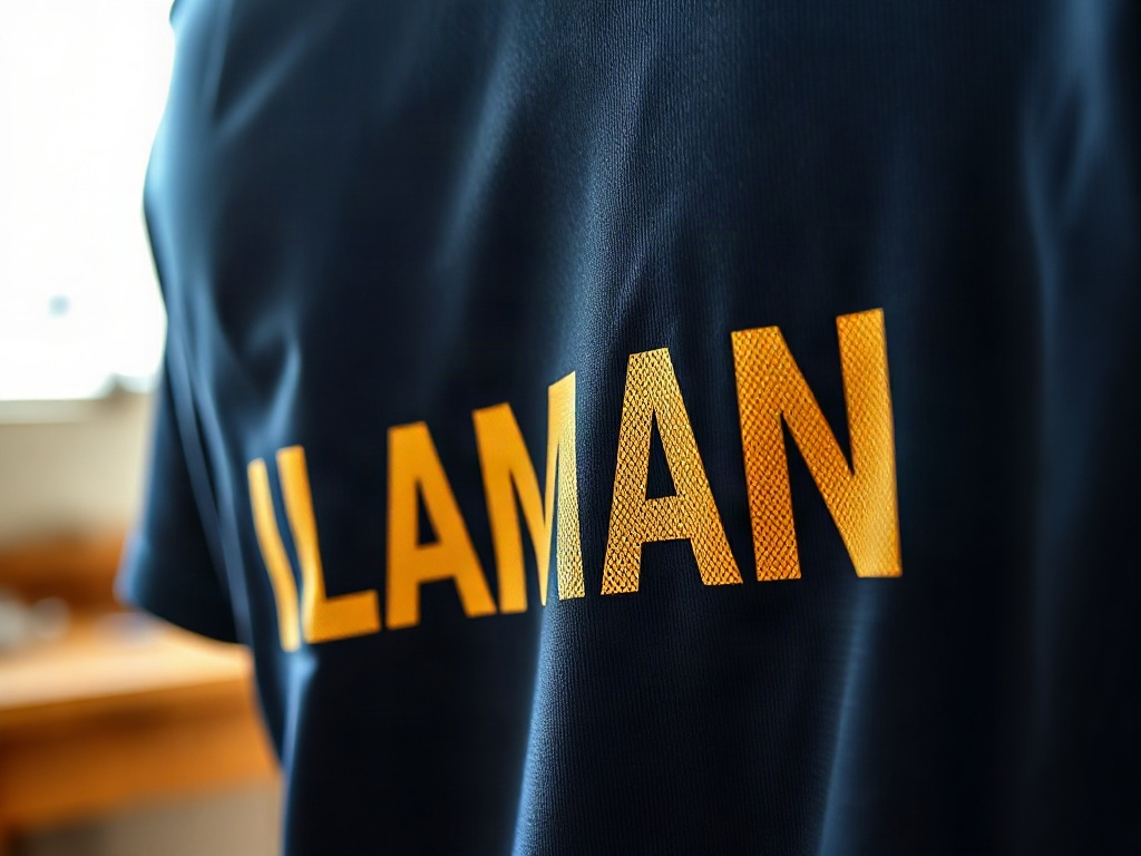 Gros plan sur un flocage thermocollant officiel dans le dos d'un maillot Ligue 2 bleu marine