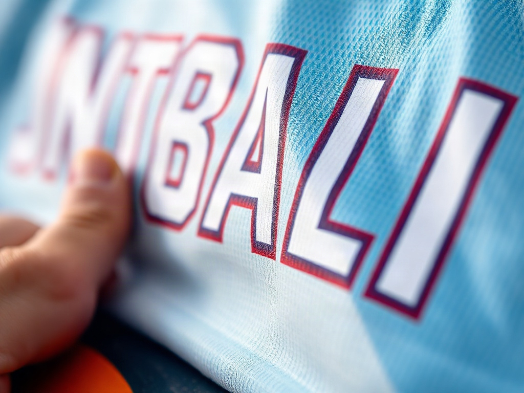 Gros plan d'un logo sublimé sur tissu de maillot, montrant la qualité des couleurs et la netteté des contours