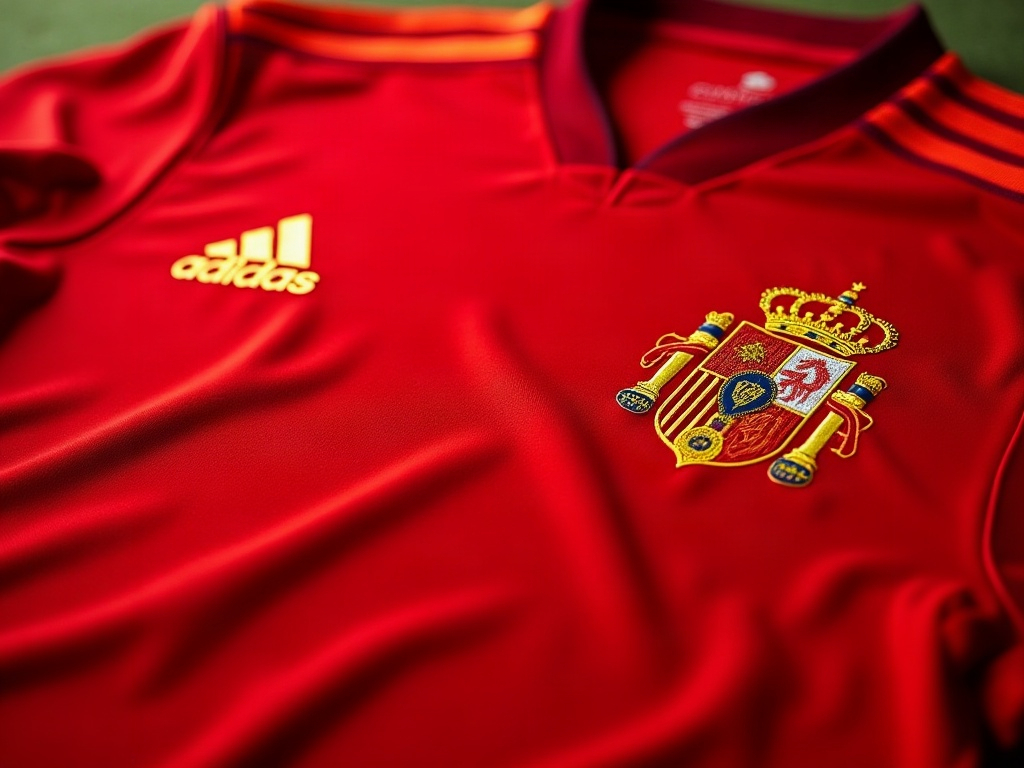 Maillot rouge de l'équipe d'Espagne avec blason brodé doré, version moderne Adidas