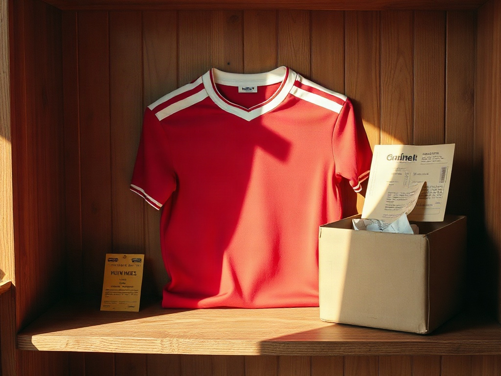 Maillot de foot Hummel rouge avec chevrons blancs posé sur une étagère de collectionneur en bois