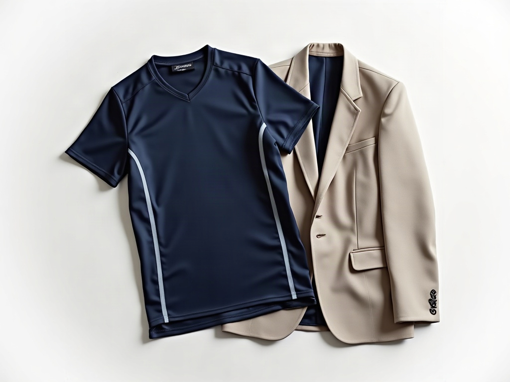 Maillot de foot bleu marine et blazer beige structuré posés à plat pour un look football avec blazer