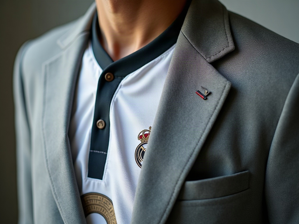Détail du revers d'un blazer gris porté sur un maillot de foot blanc avec crest de club visible