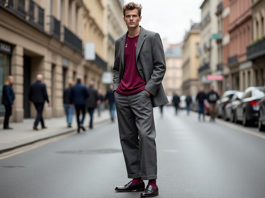 Tenue complète maillot foot bordeaux sous blazer oversize à carreaux avec pantalon large et loafers