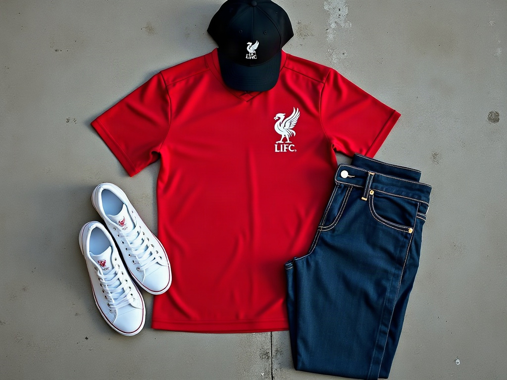 Flat lay d'un maillot de foot rouge avec casquette noire snapback et jean baggy indigo