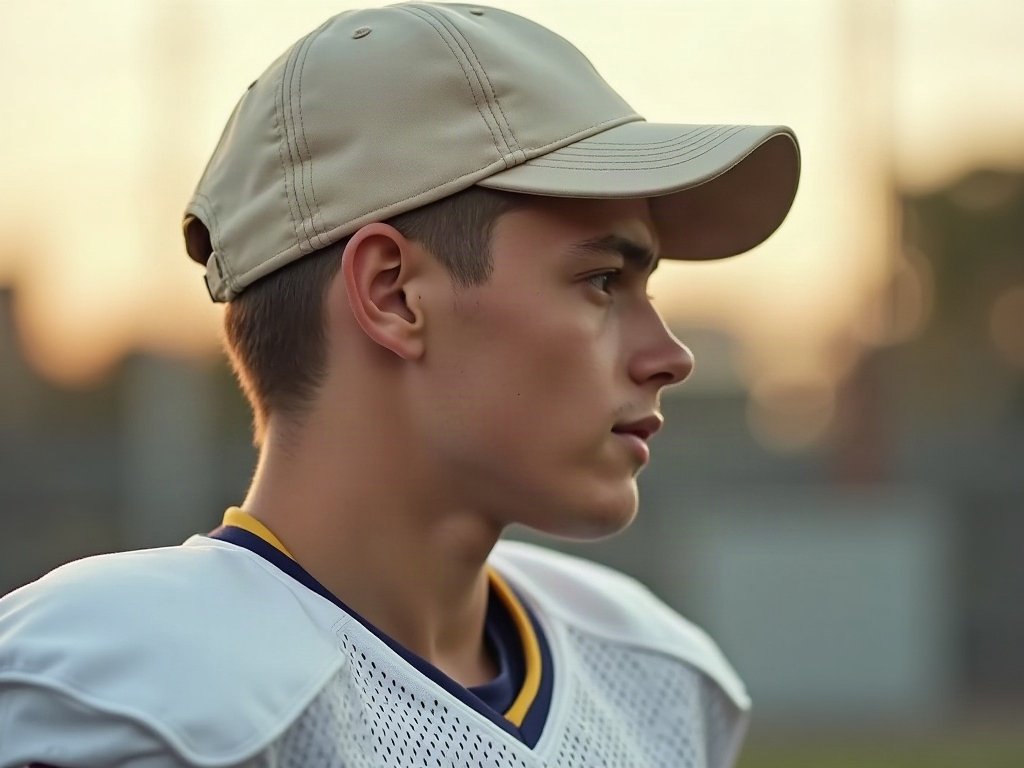 Profil d'un homme portant un maillot de foot blanc avec casquette dad cap beige crème assortie