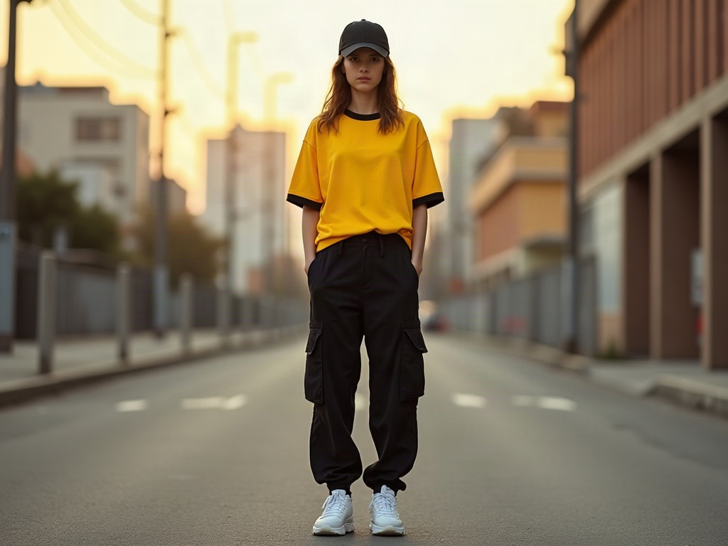 Femme portant un maillot de foot concept jaune et noir avec casquette five-panel noire et cargo pants sombres