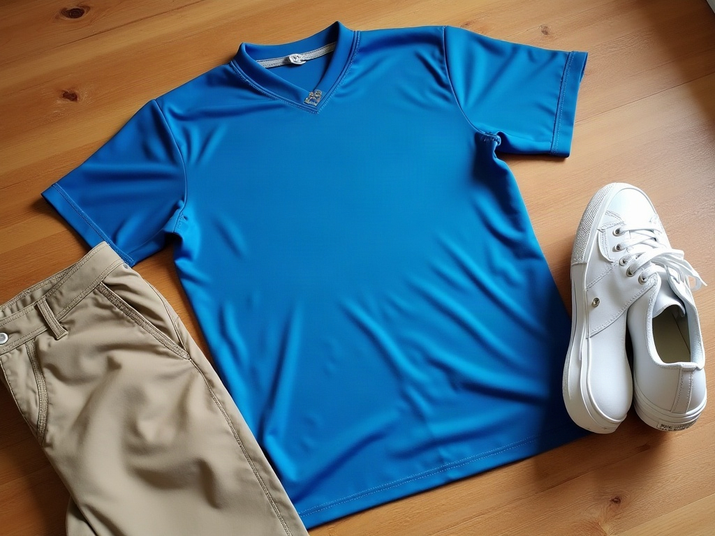 Maillot de foot bleu électrique posé à côté d'un chino kaki et de sneakers blanches