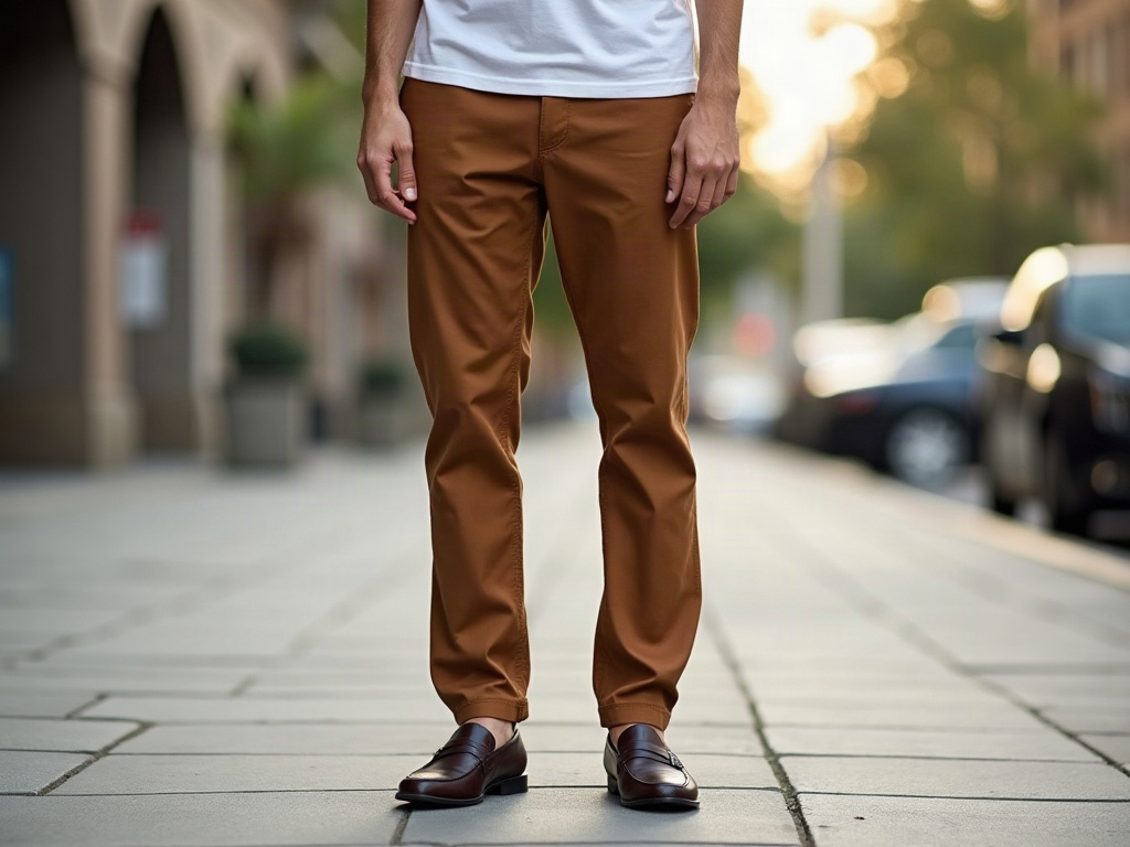 Bas de look maillot foot blanc avec chino caramel et mocassins cuir marron