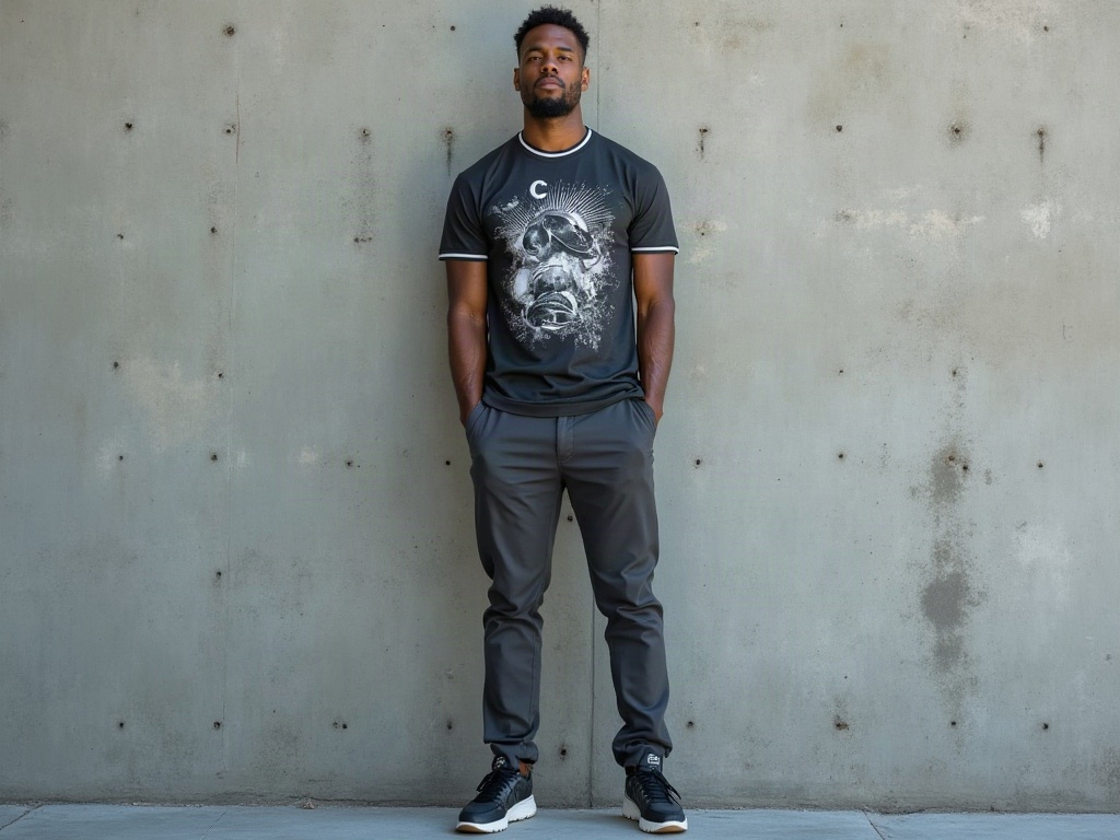 Look maillot foot concept graphique gris avec chino anthracite et runners sombres