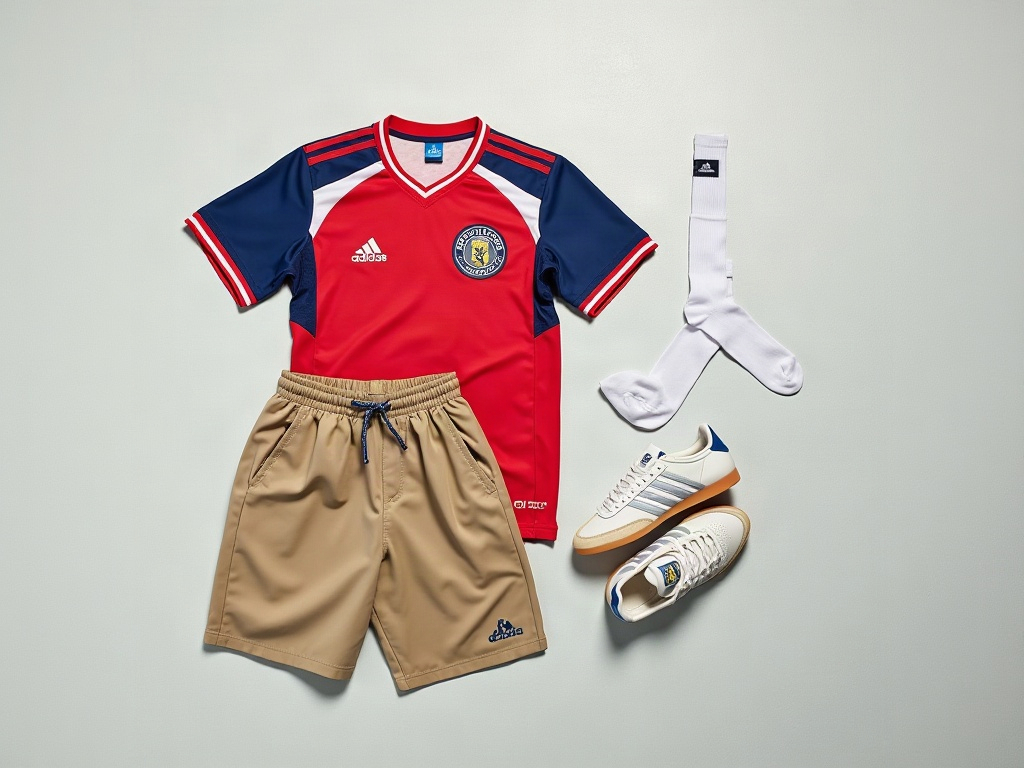 Tenue complète maillot de foot avec sneakers Adidas Samba et short cargo khaki