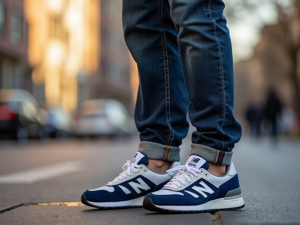 Maillot foot bleu marine avec jean brut et New Balance 550 blanc - tenue streetwear 2026