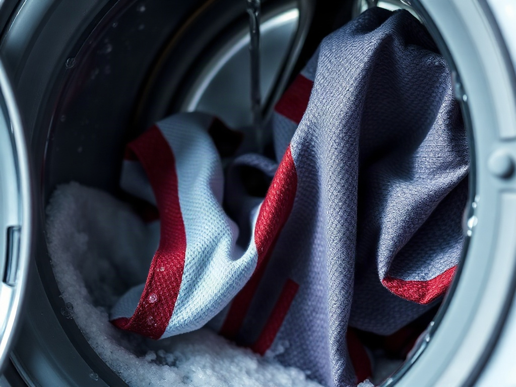 Détail du lavage en machine d'un maillot foot avec eau froide et détergent doux