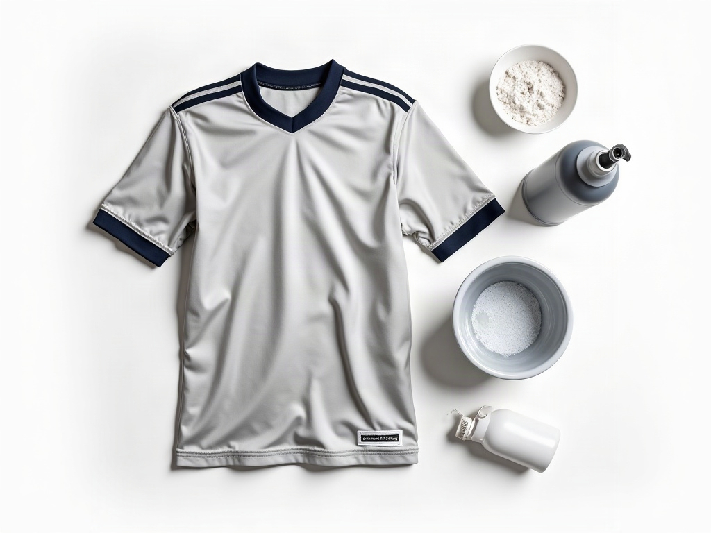 Maillot de foot posé à côté d'un tambour de machine à laver et d'un bac de lavage à la main