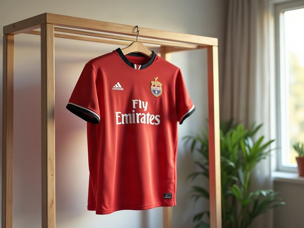 Maillot de foot qui sèche à plat sur un étendoir en bois à l'intérieur