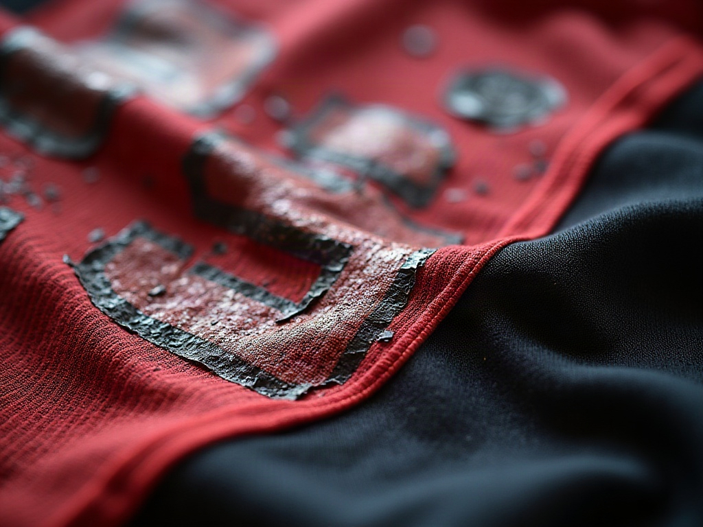 Tissu de maillot de foot abîmé par la chaleur du sèche-linge avec fibres déformées