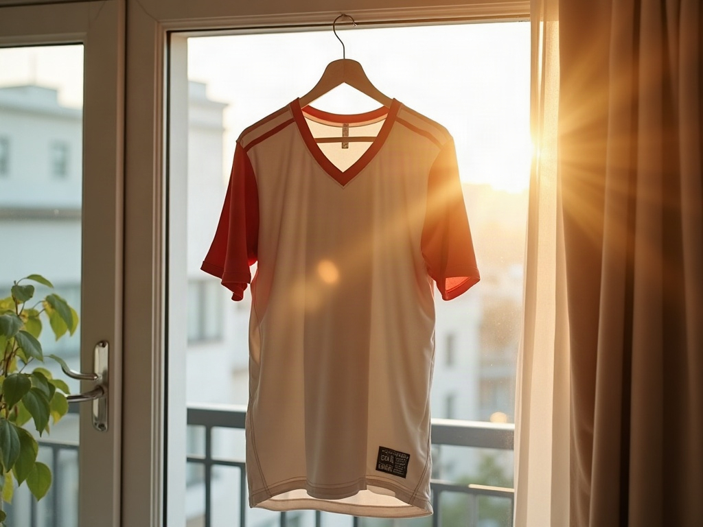 Maillot de foot suspendu à l'envers sur un cintre pour sécher à l'air libre