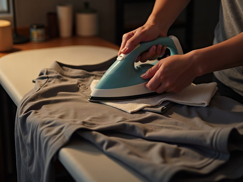 Repassage d'un maillot de foot à l'envers avec un tissu coton de protection