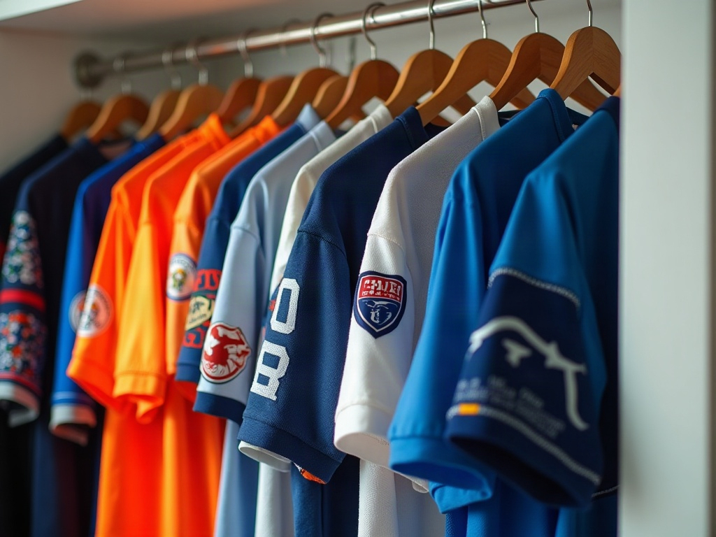 Maillots de foot suspendus sur cintre pour un stockage qui préserve le flocage