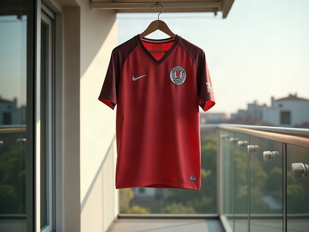 Maillot de foot retourné suspendu sur cintre large à l'ombre pour séchage