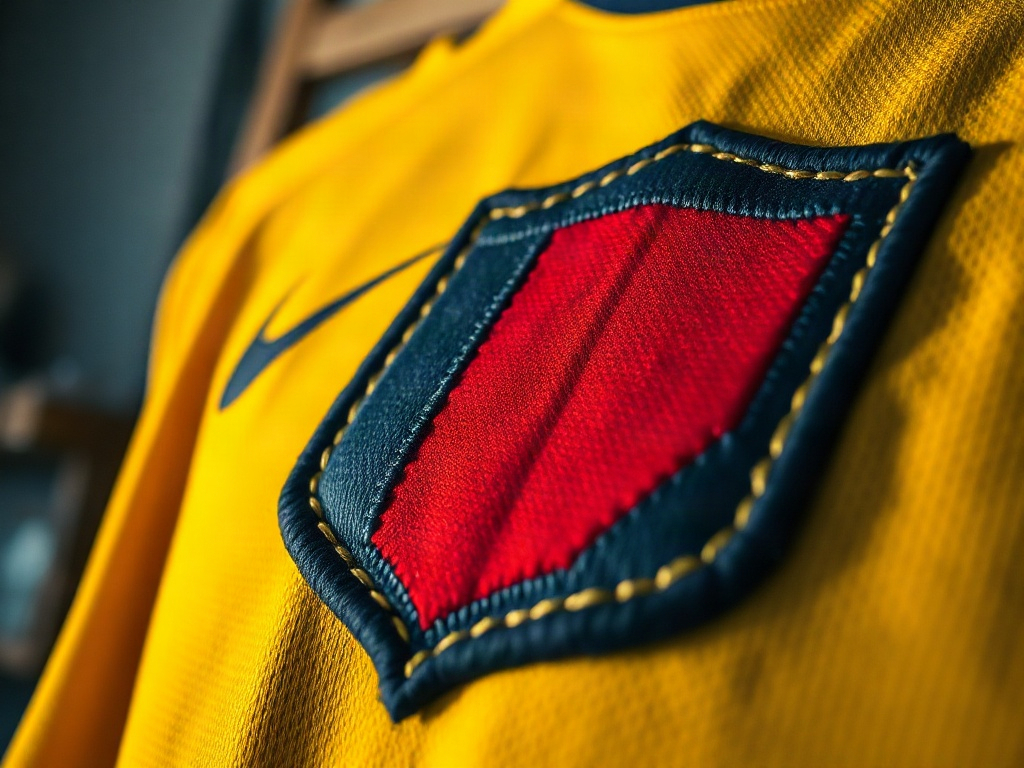 Gros plan sur une broderie de badge de maillot de foot, détail des points et du relief du fil