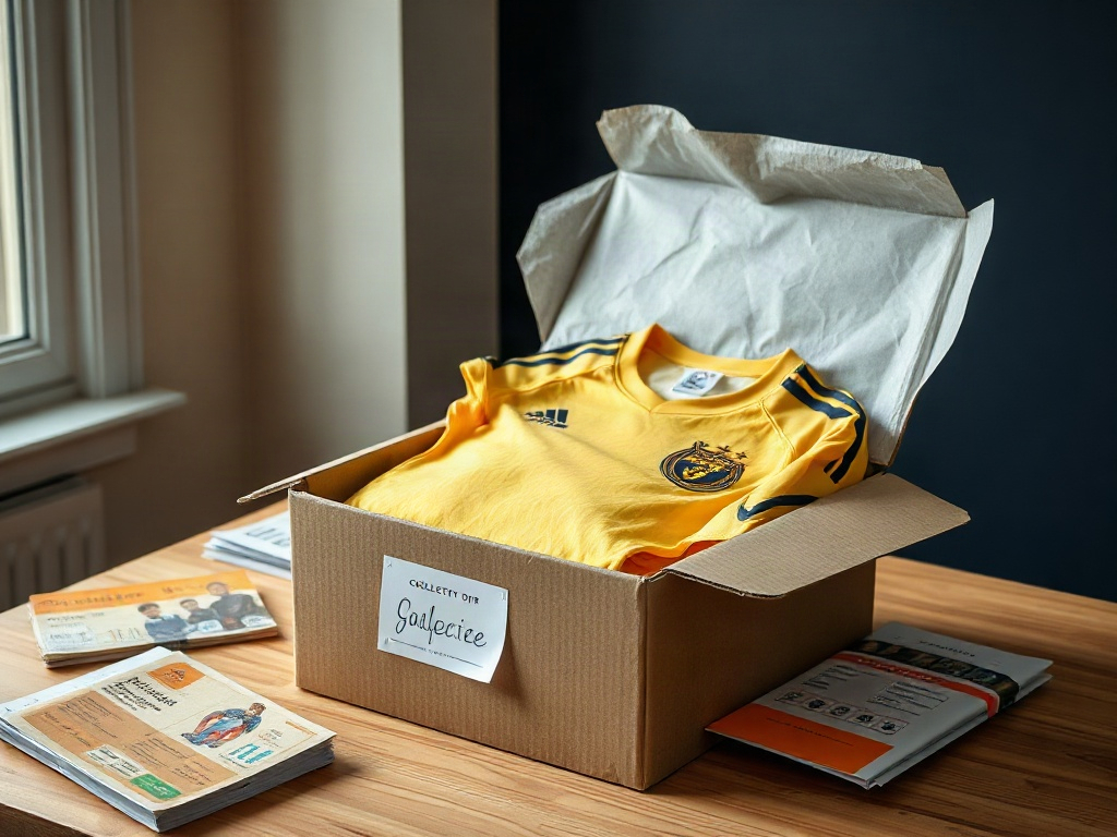 Boîte de collection ouverte révélant un maillot de foot rare avec papier de soie et ticket de match ancien
