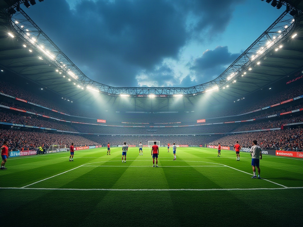 Stade de foot avec panneaux publicitaires de sponsors crypto autour de la pelouse