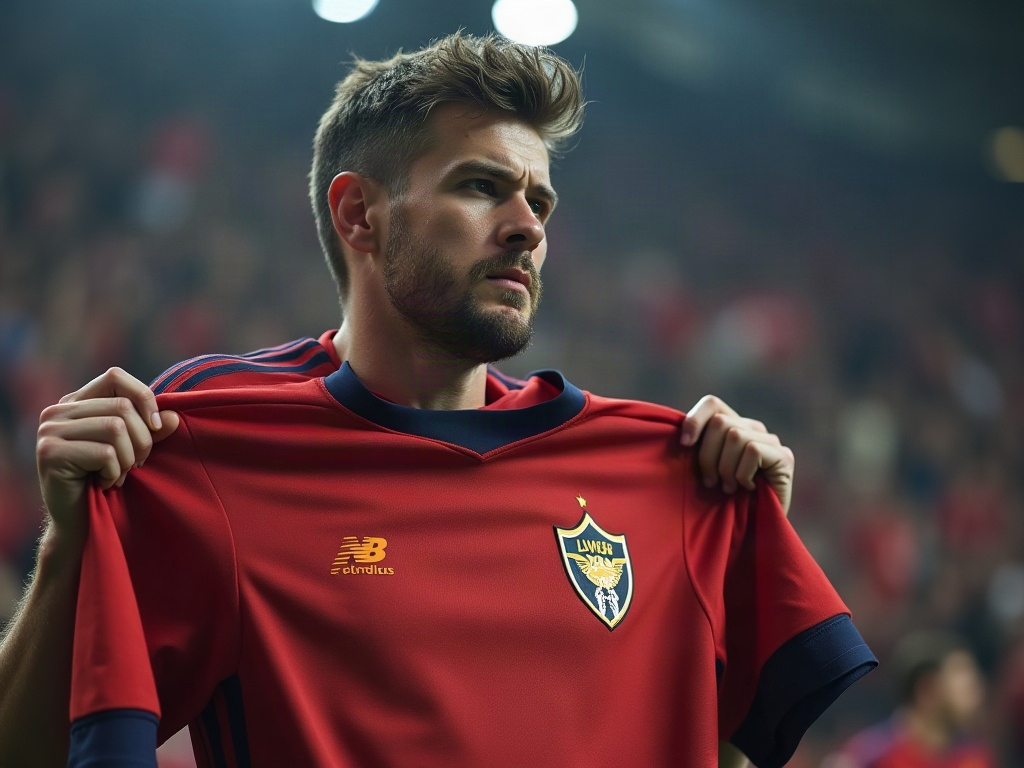 Supporter tenant un maillot de foot avec logo sponsor crypto dans un stade