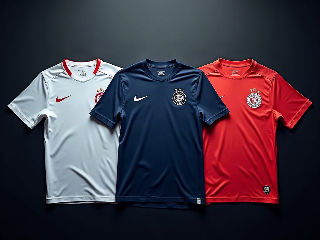 Trois maillots de foot posés à plat avec différents logos de sponsors crypto sur la poitrine