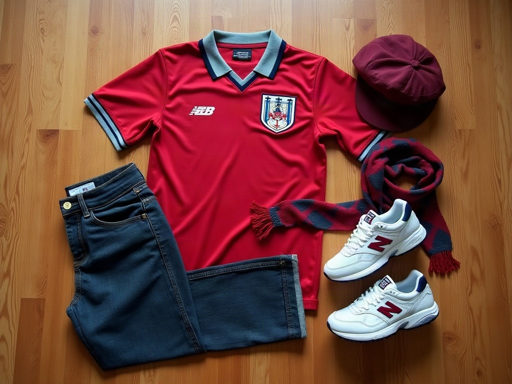 Tenue bloke core avec maillot de foot vintage, jean droit et casquette plate