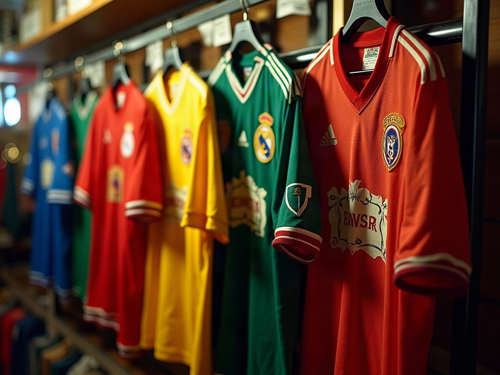Collection de maillots de foot vintage des années 1990 et 2000 sur un portant
