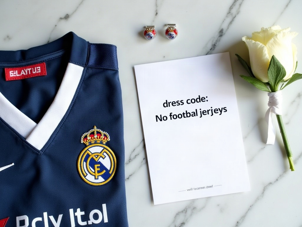 Invitation de mariage avec mention maillot de foot interdit posée à côté d'un maillot de football plié
