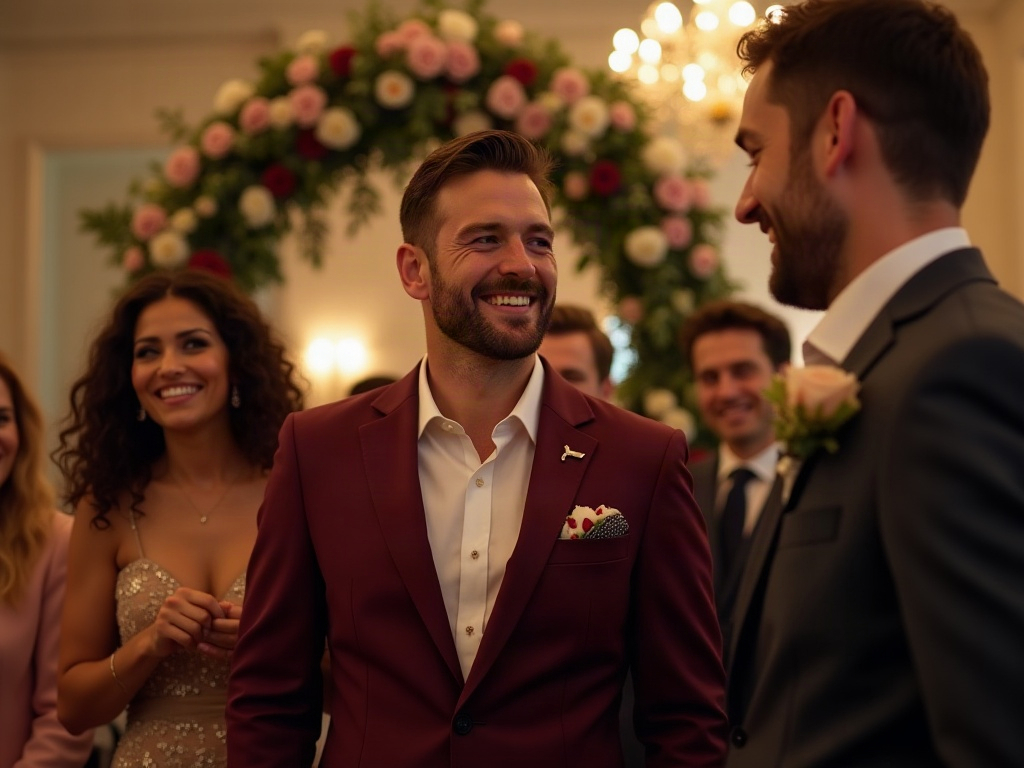 Fan de foot élégamment habillé en costume bordeaux pour un mariage, accessoires aux couleurs de son club