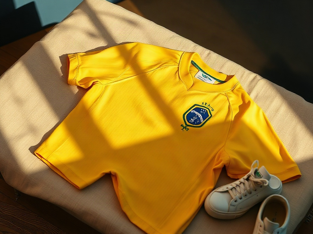 Maillot de foot Brésil vintage jaune posé à plat sur une surface en lin beige avec des sneakers blanches